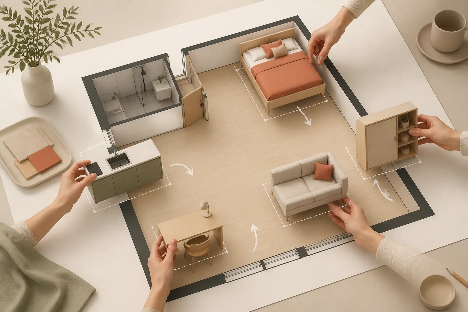 Aménagement studio 20m2 : plan isométrique d’un studio avec lit, canapé, cuisine, bureau et rangement.