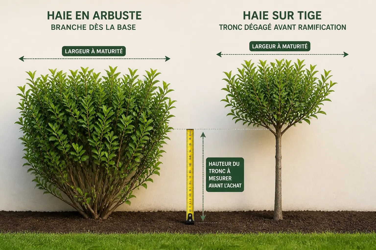 Comparatif d’arbre pour haie et d’arbuste : tronc, largeur adulte et mesure à vérifier avant achat