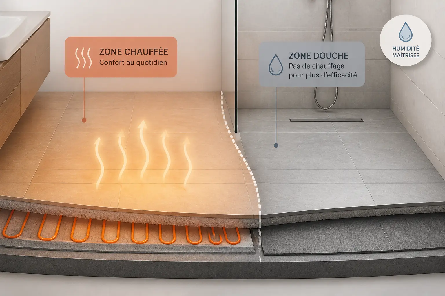 Chauffage sol sdb : sol chauffé sous carrelage, zone douche froide et repère d’humidité.