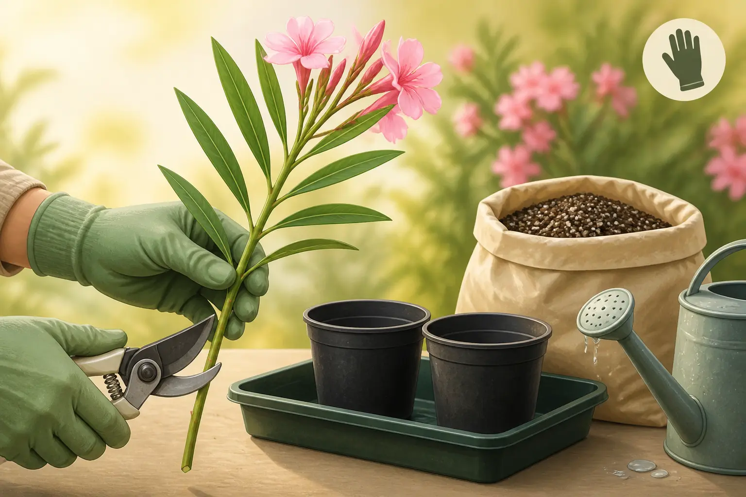 Comment bouturer un laurier rose : tige saine coupée, pots, substrat drainant et arrosoir.
