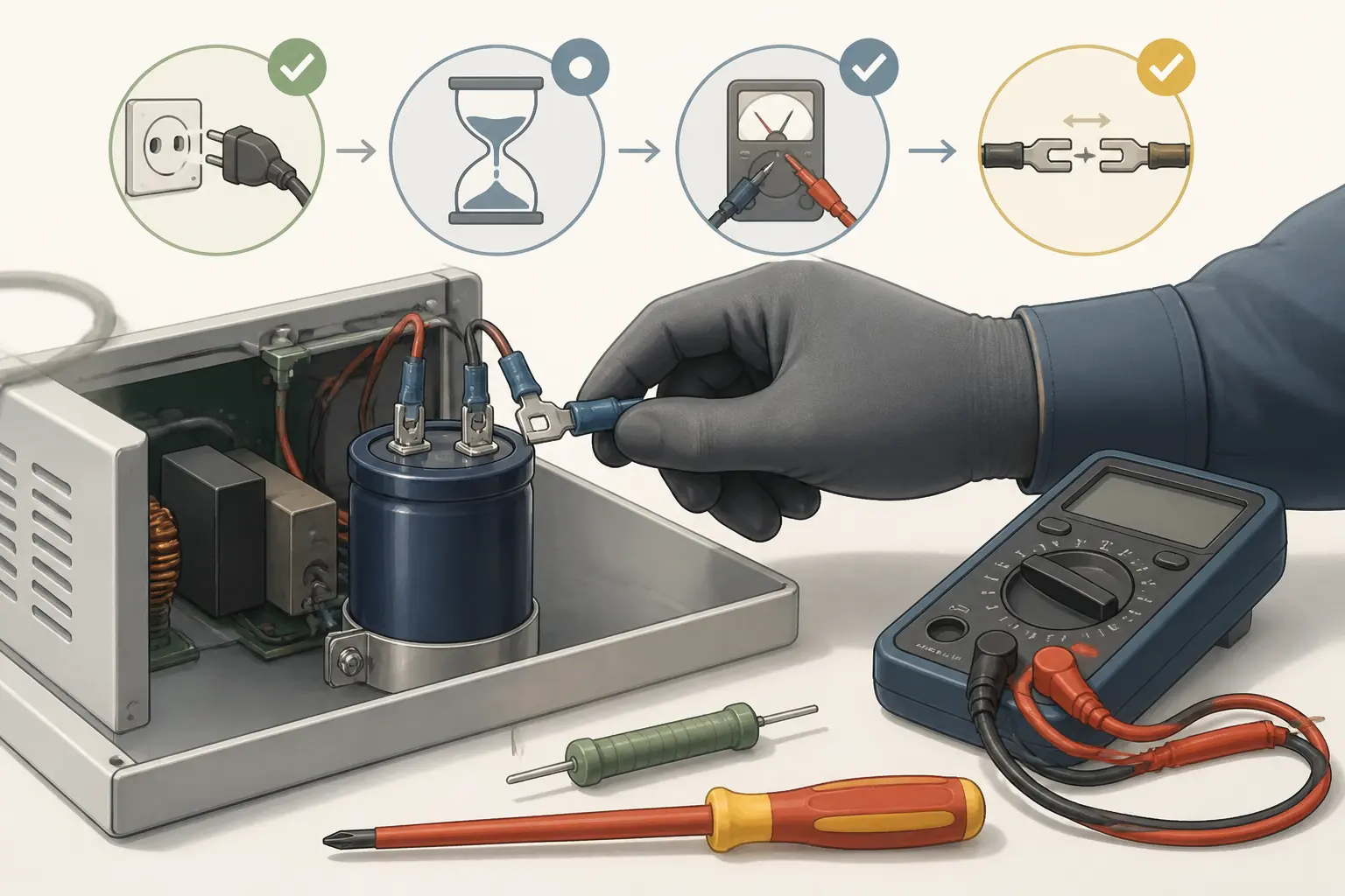 Comment tester un condensateur : technicien coupe l’alimentation, vérifie la tension et isole le composant.