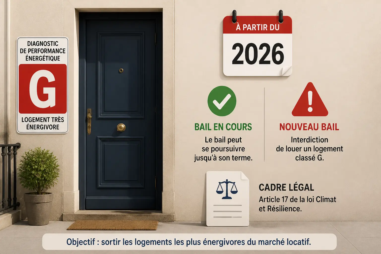 dpe g location : porte d’appartement, badge G, calendrier 2026 et alertes sur la location