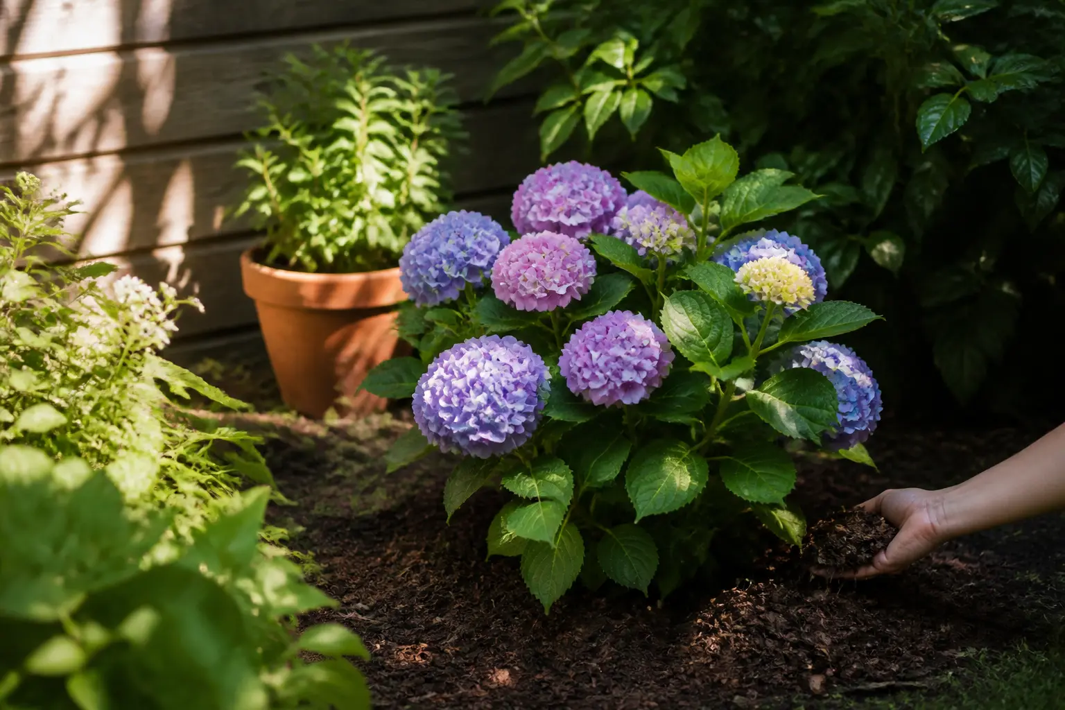 Entretenir les hortensias : hortensia en sol acide, mi-ombre, avec paillage au pied