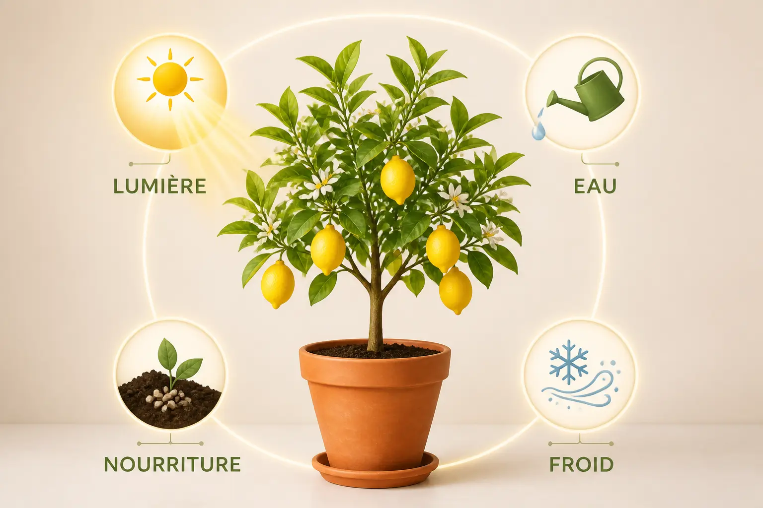 Entretenir un citronnier en pot : schéma avec lumière, eau, nourriture et froid autour d’un citronnier sain.