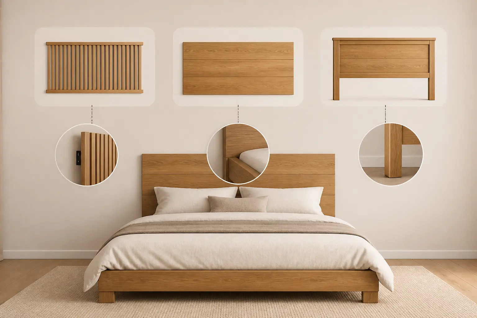 Fabriquer tete de lit bois : trois modèles à comparer avant achat, dans une chambre minimaliste.