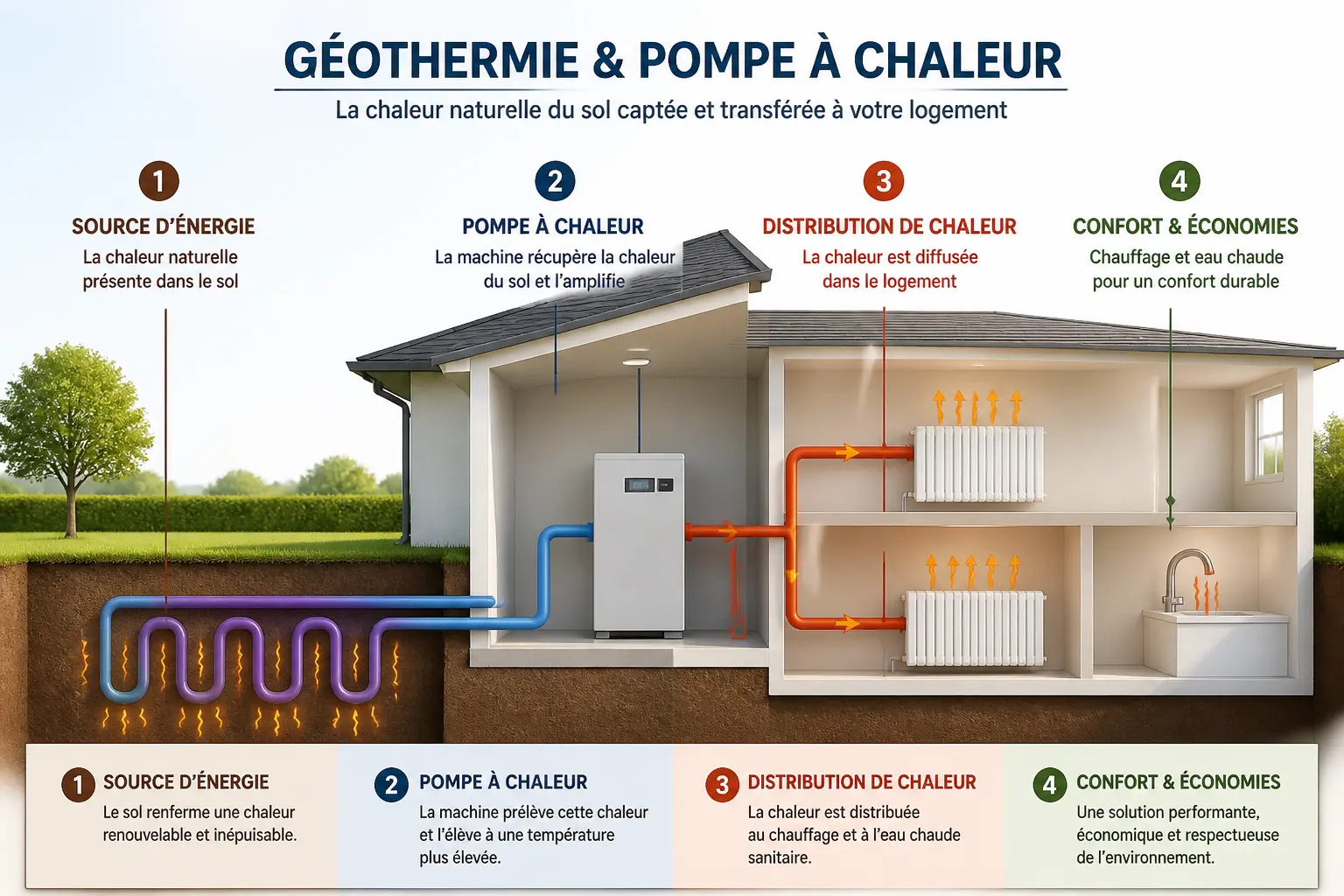 Schéma comparatif géothermie ou pompe à chaleur : boucle enterrée, unité intérieure et chaleur vers radiateurs.