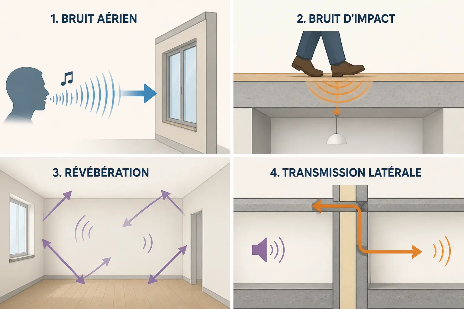Insonoriser une pièce : schéma des bruits aériens, d’impact, de réverbération et de transmission latérale