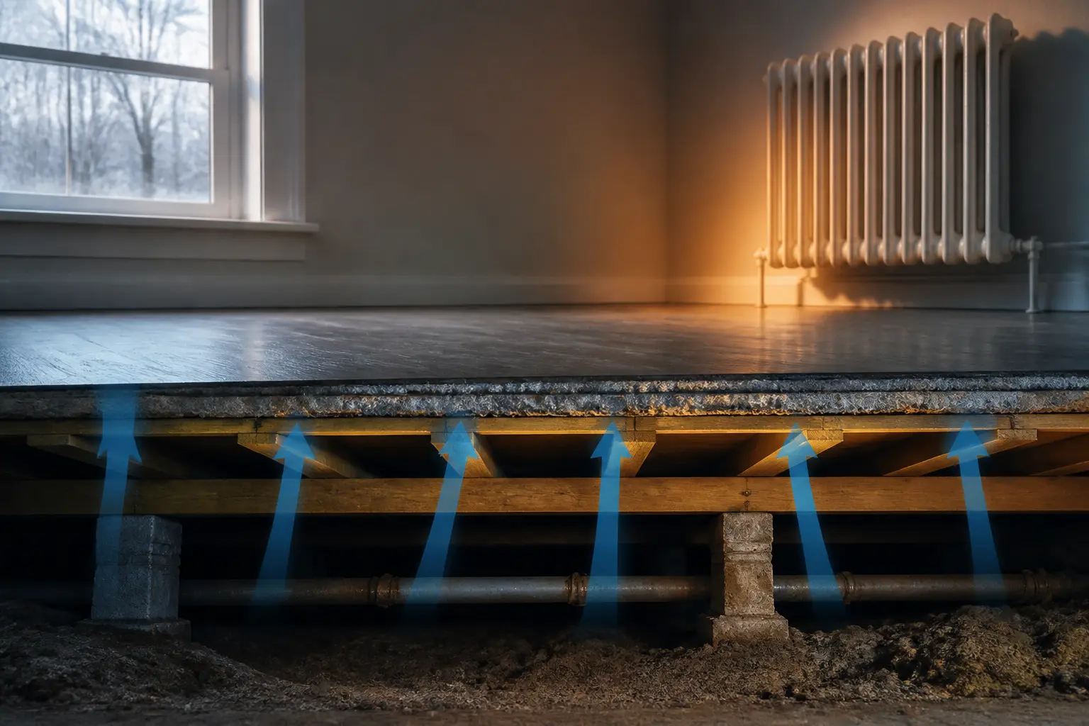 Vide sanitaire avec isolant pour vide sanitaire absent, froid remontant vers un radiateur qui compense mal.