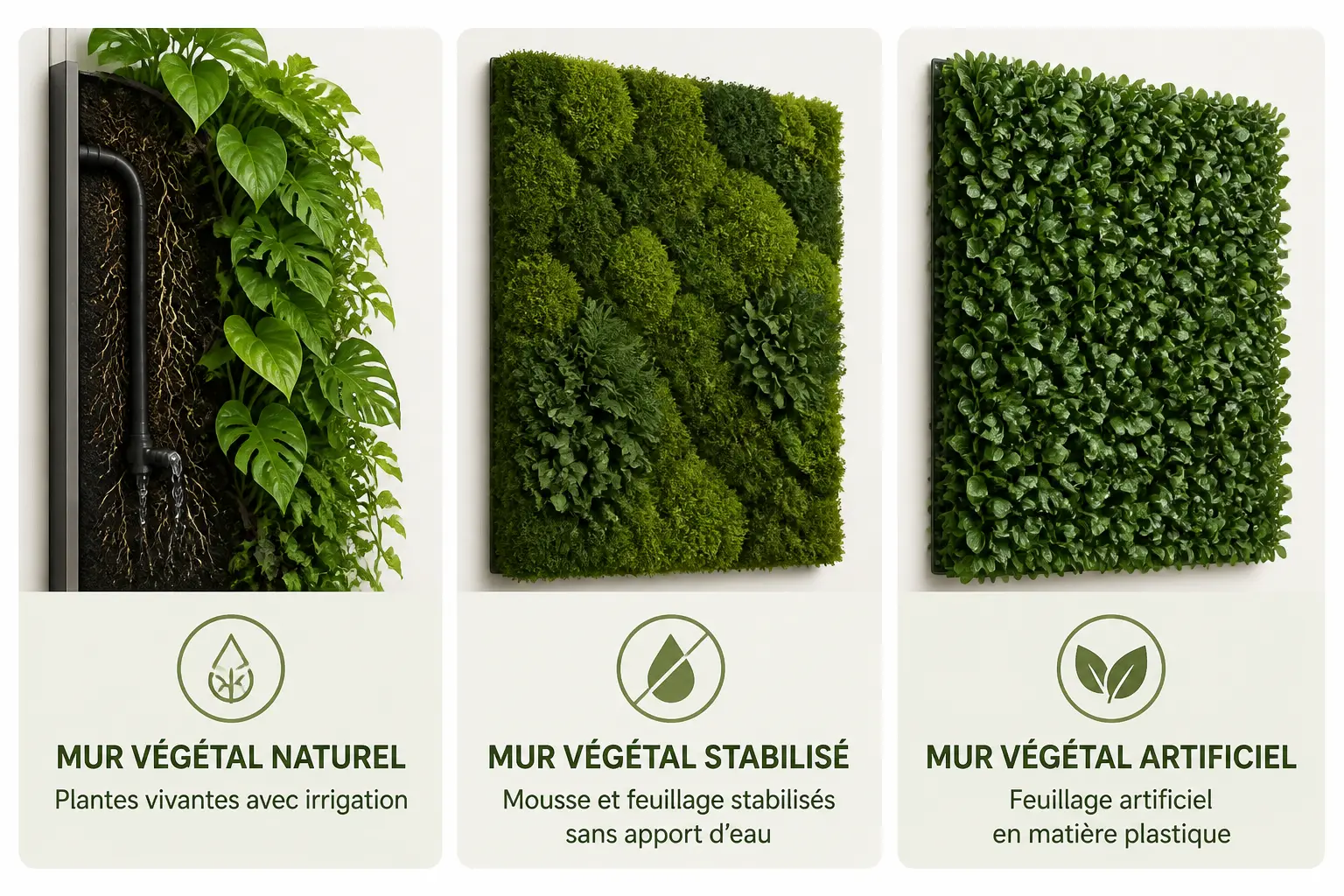 Mur vegetal interieur : triptyque comparant mur vivant, panneau stabilisé et panneau artificiel.