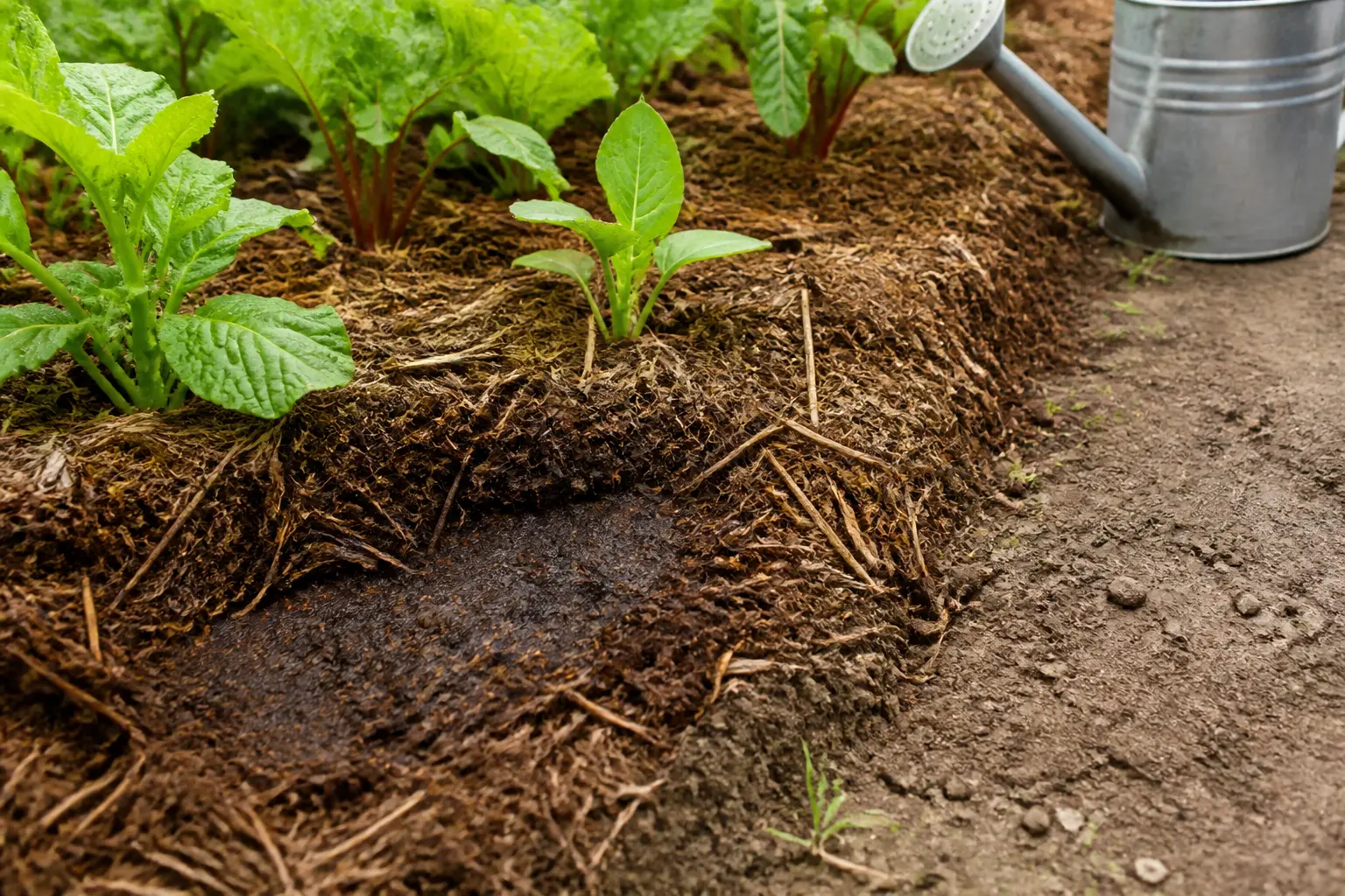 Paillage pour potager : couche épaisse de paillis naturel retenant l’humidité autour de jeunes plants