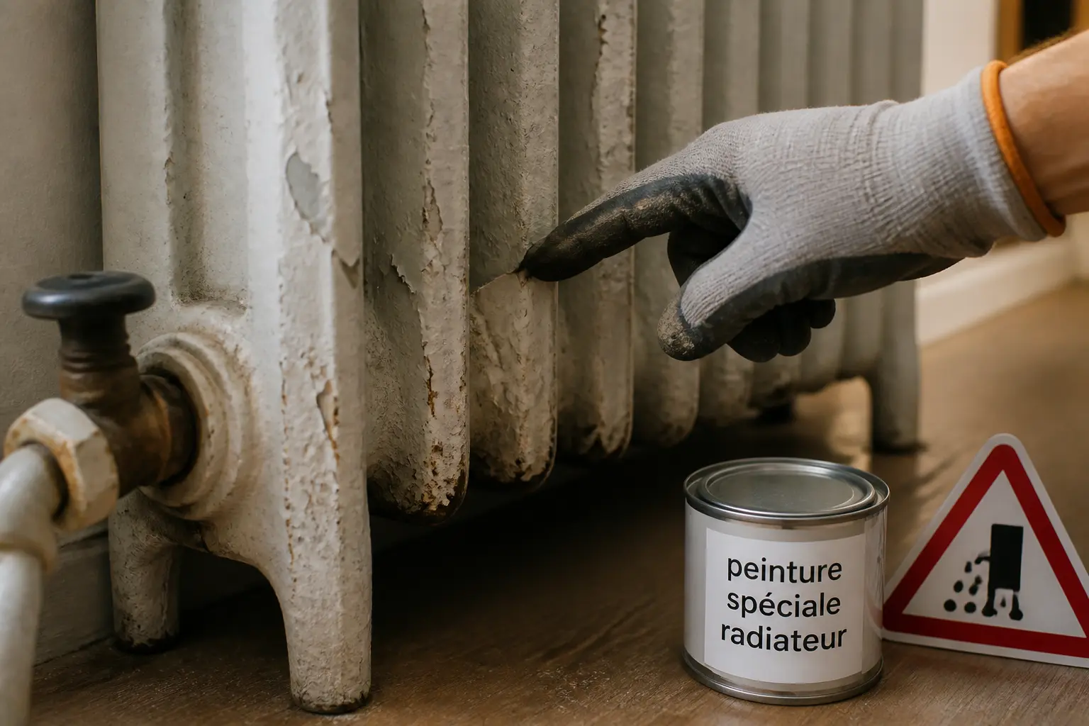 Peindre un radiateur ancien : contrôle d’un radiateur en fonte rouillé avec peinture écaillée et gants.
