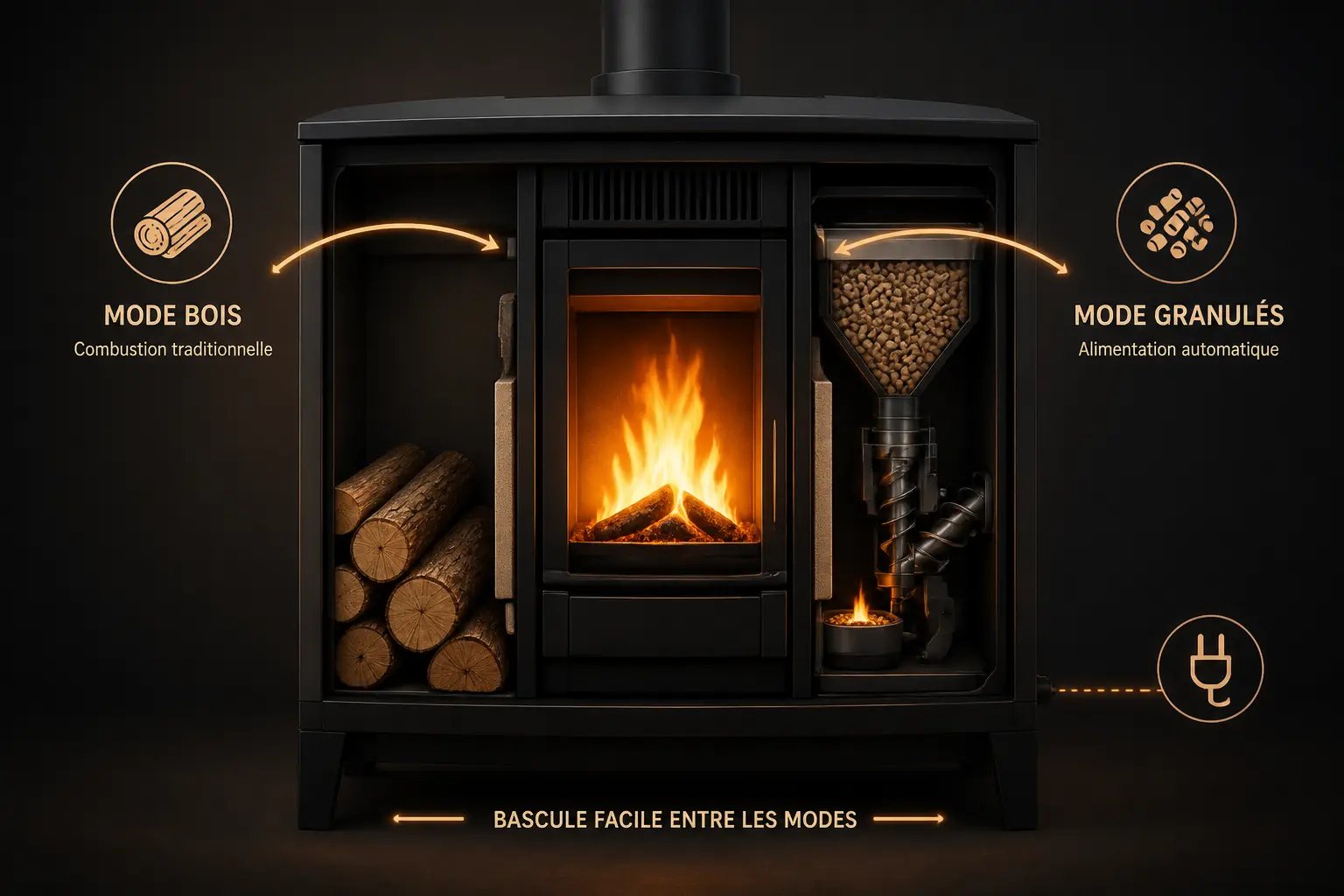 Schéma d’un poêle mixte granulés et bois montrant bûches, réservoir à pellets et prise électrique.