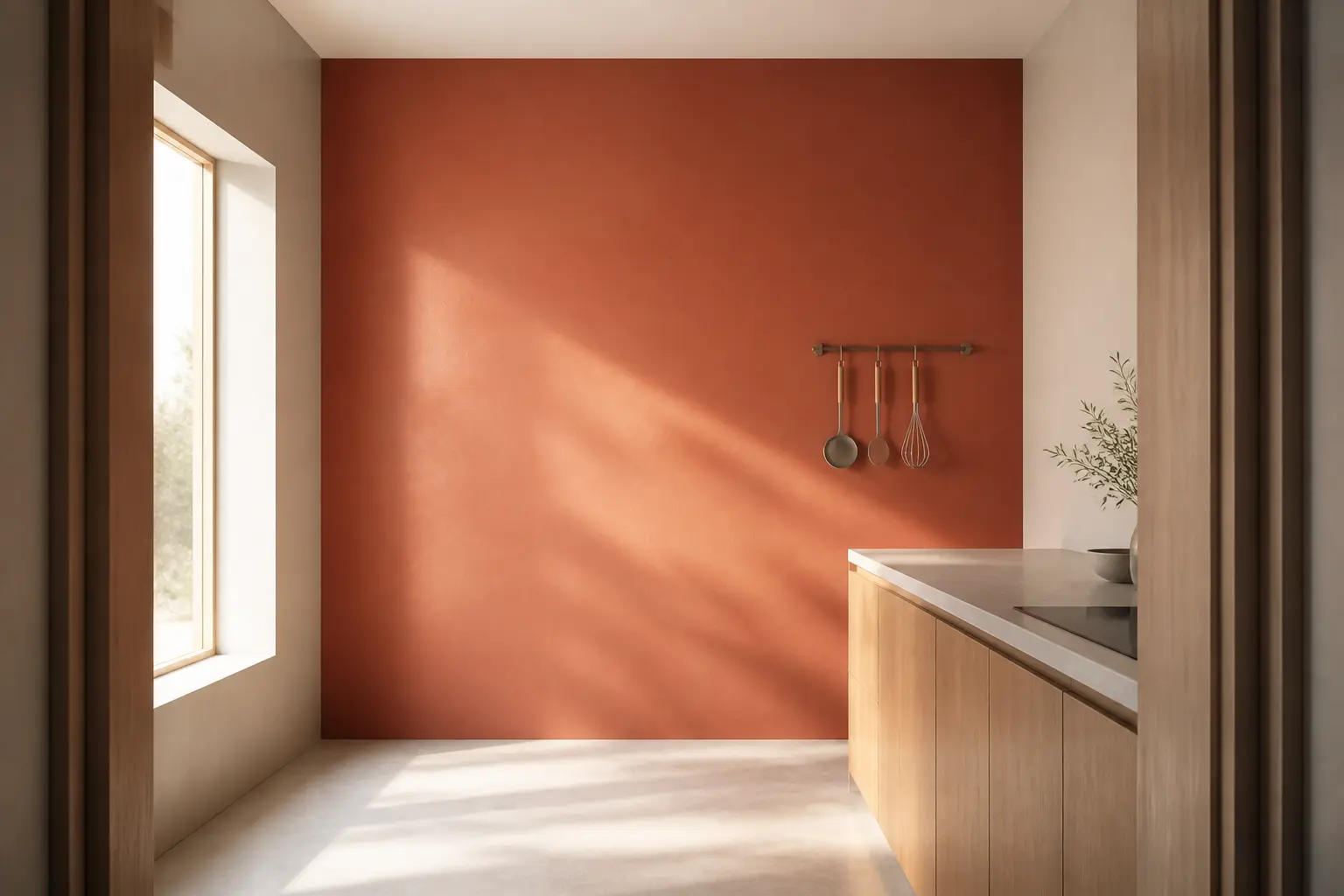 Quel mur peindre en couleur dans une cuisine : mur central terracotta, encadré de murs neutres et lumière latérale.