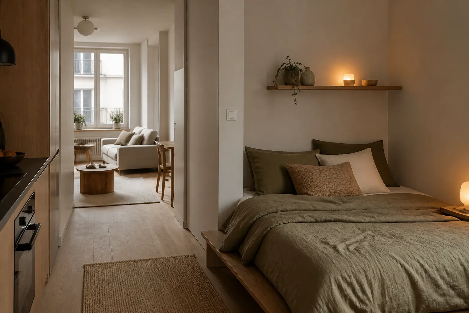 Aménagement studio 20m2 : coin nuit confortable avec lit bas, étagère murale et circulation dégagée.