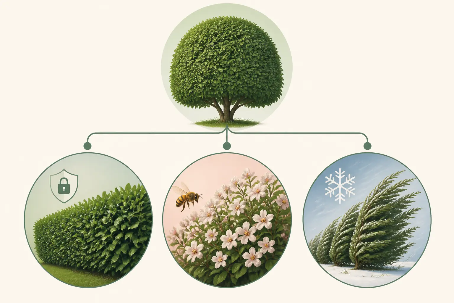 Infographie éditoriale montrant quel arbre pour haie choisir selon la confidentialité, les pollinisateurs ou le vent.