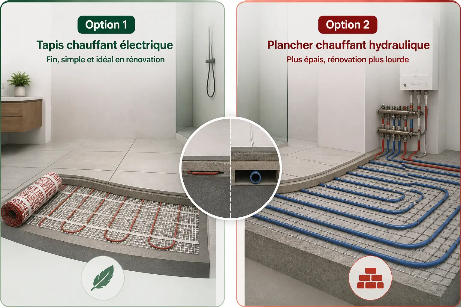 Chauffage sol sdb : comparaison entre natte électrique fine et plancher hydraulique plus épais en rénovation.
