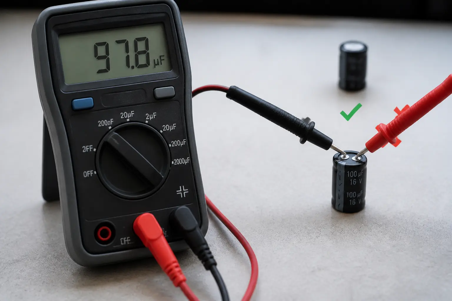 Comment tester un condensateur avec un multimètre en mode µF sur un condensateur isolé, en atelier
