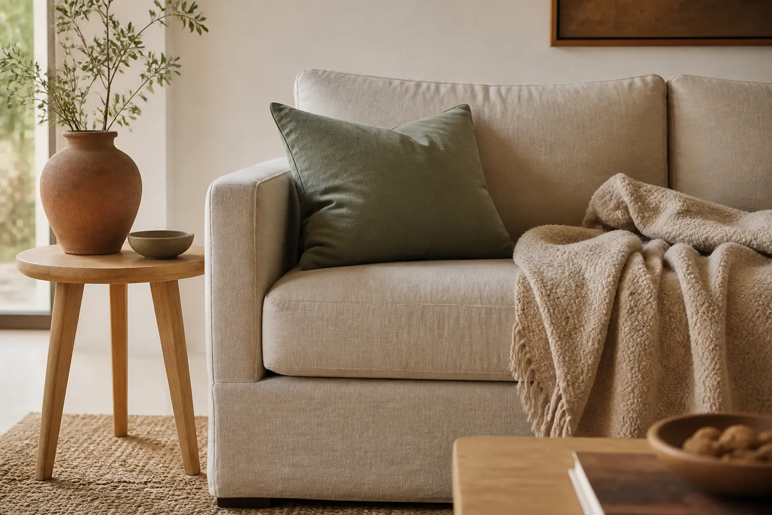 deco salon cosy : salon beige et vert sauge avec vase terracotta, laine bouclée et tapis en jute