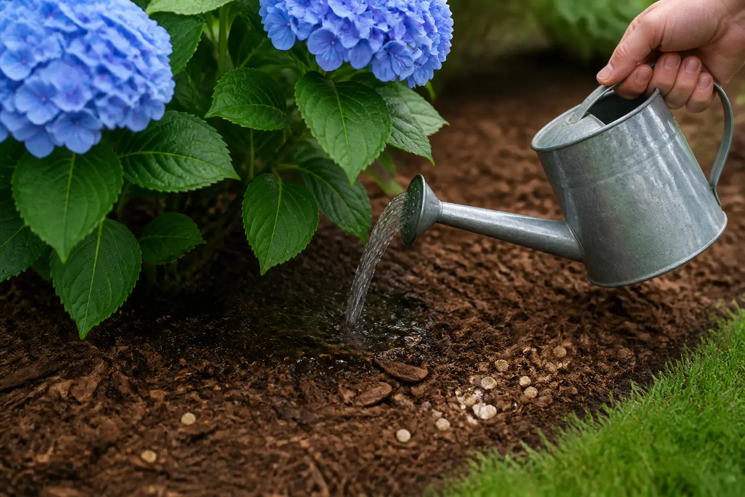 Entretenir les hortensias : arrosage au pied, paillage et engrais organique pour un sol sain