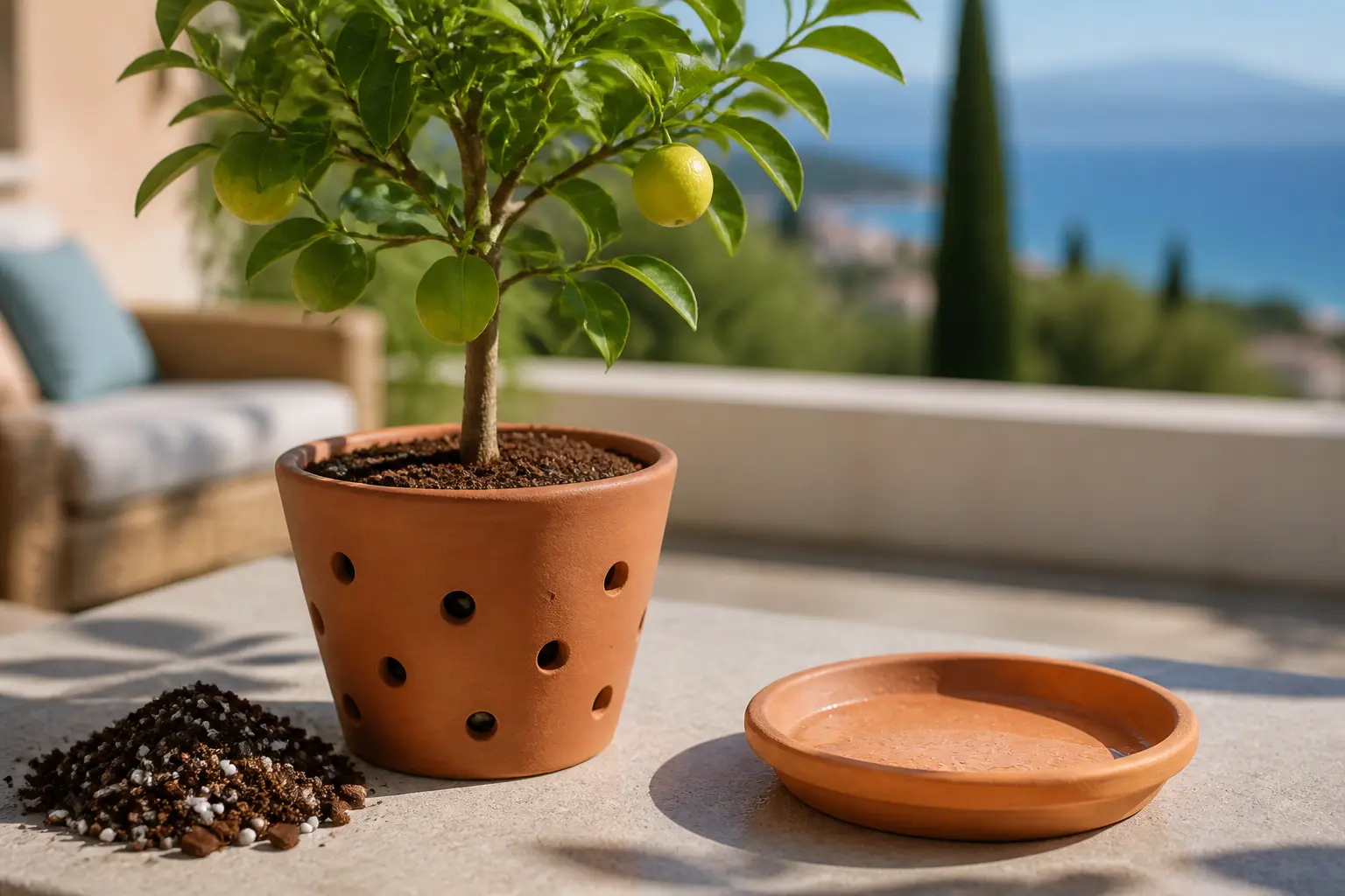 Entretenir un citronnier en pot : jeune citronnier en pot en terre cuite, substrat aéré et drainage visible.