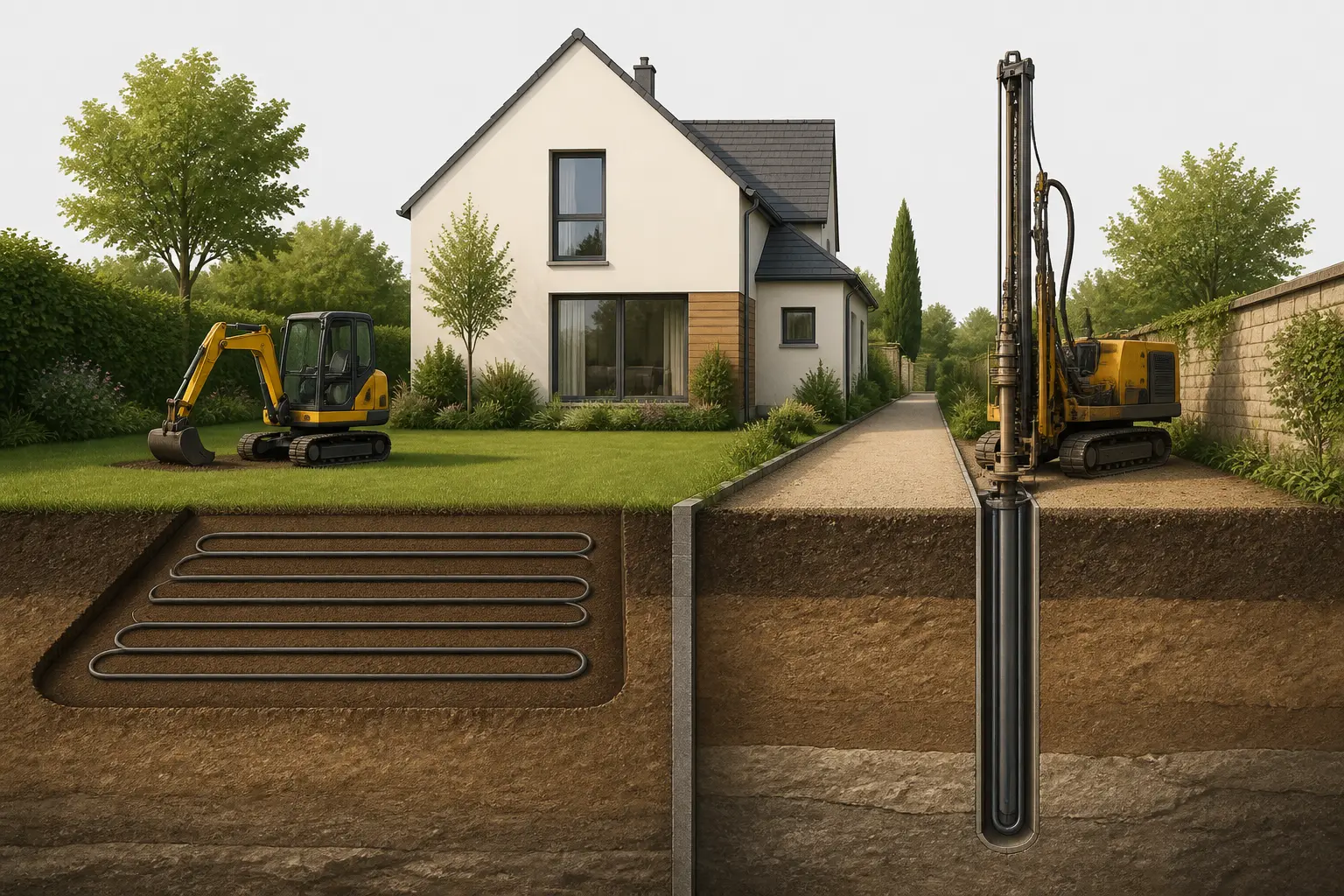 Géothermie ou pompe à chaleur : maison avec boucle enterrée, forage vertical et contraintes de terrain