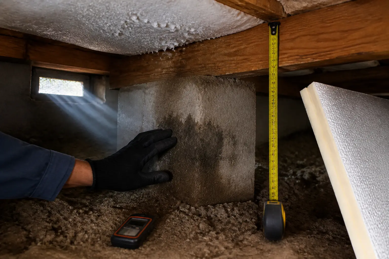 Technicien inspectant un vide sanitaire humide avant pose d’un isolant pour vide sanitaire, avec aération et hygromètre.