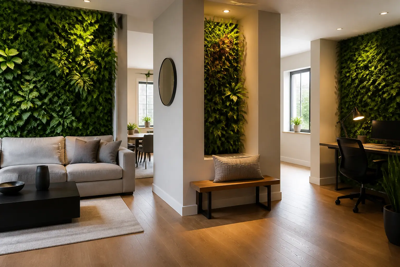 Mur vegetal interieur dans un salon, une entrée et un coin bureau, en scène ouverte lumineuse.