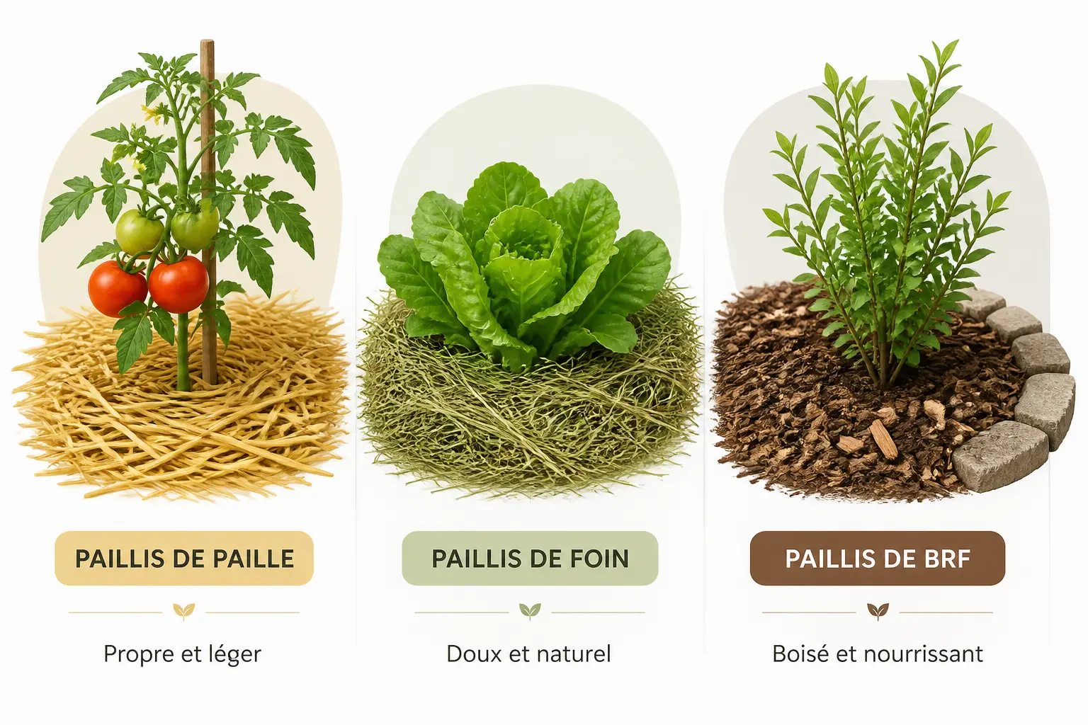 Paillage pour potager : comparaison de paille, foin et BRF autour de tomates, salades et jeune massif