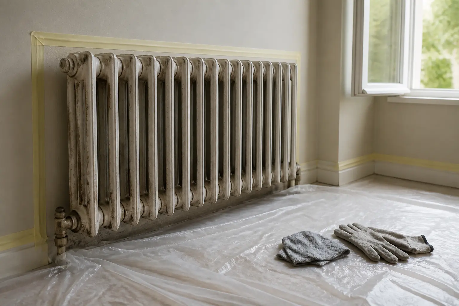 Préparer à peindre un radiateur : protection du sol, ruban de masquage et matériel prêt.