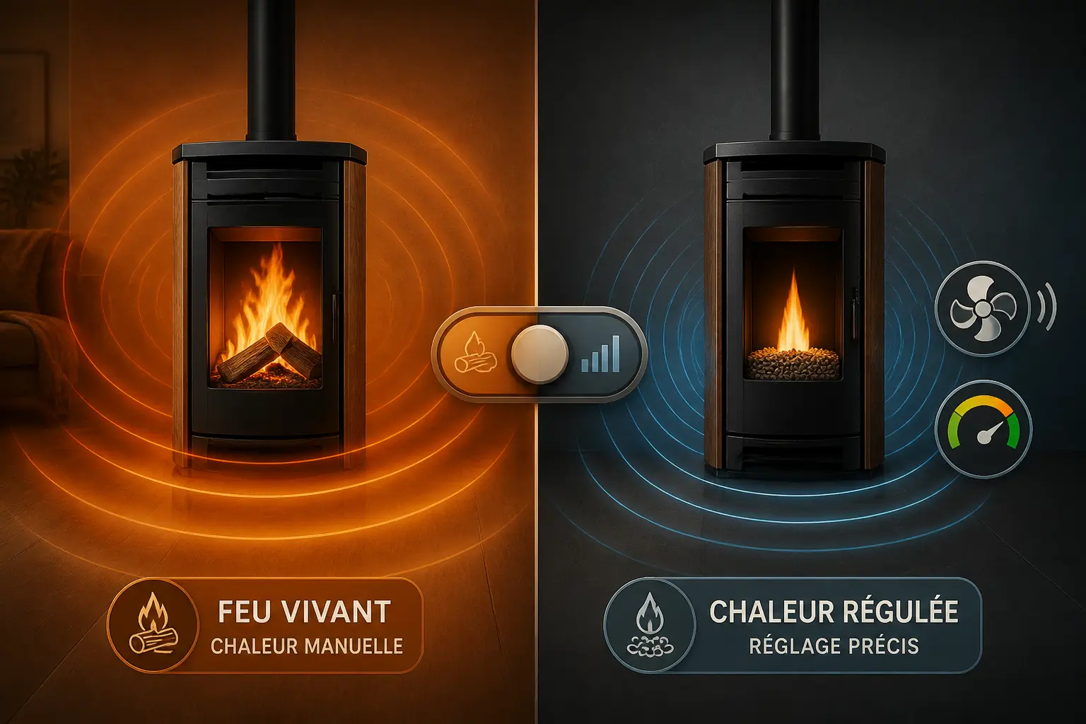 Poeles mixtes granules et bois : comparaison entre feu vivant au bois et chaleur régulée aux granulés.