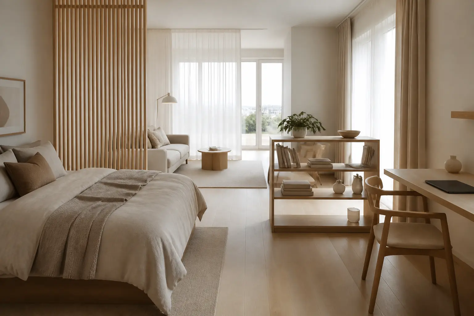 Aménagement studio 20m2 : salon, chambre, cuisine et bureau séparés par claustra, rideau et étagère ouverte
