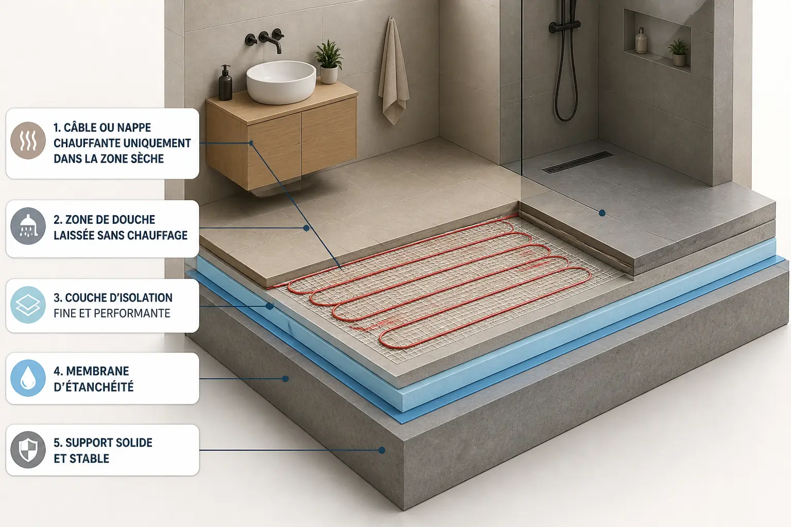 Chauffage sol sdb : coupe isométrique d’une salle de bain avec zones chauffées, douche froide et hauteur de sol.