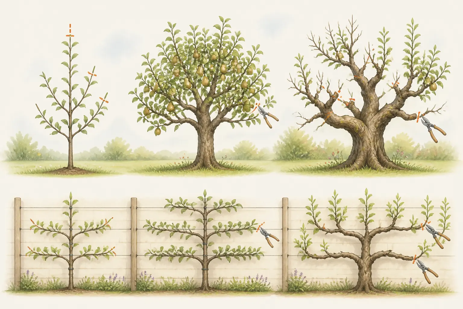Comment tailler un poirier selon l’âge : jeune, adulte et vieux, avec formes libre et espalier.