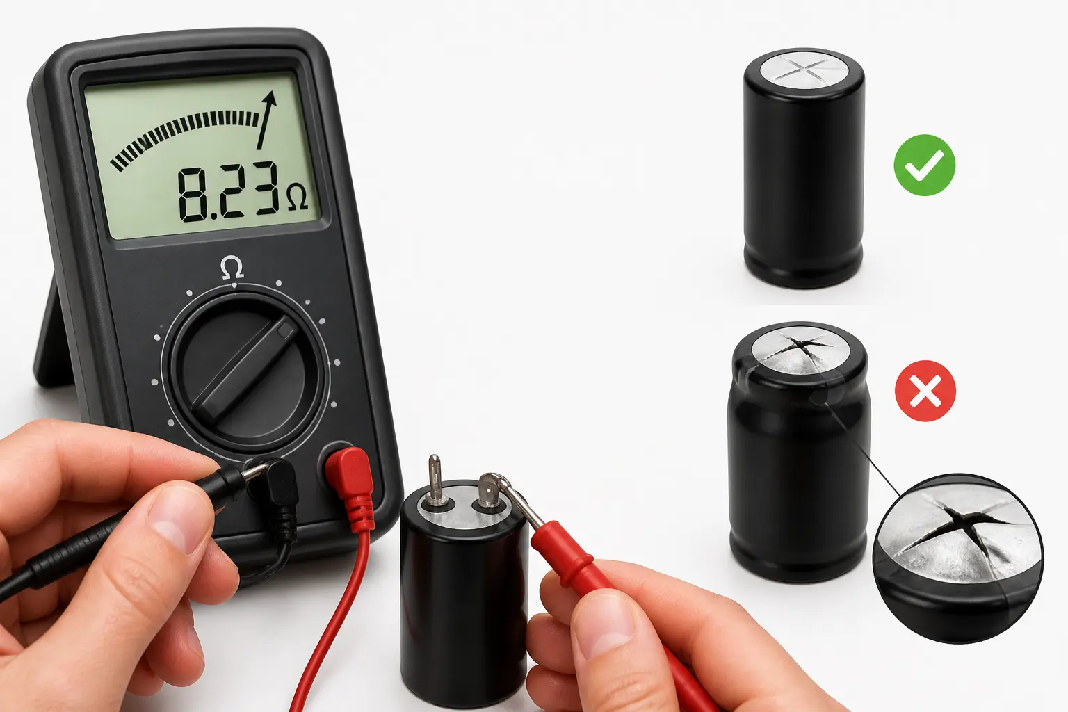 Comment tester un condensateur avec un multimètre en ohms, comparaison entre condensateur sain et gonflé