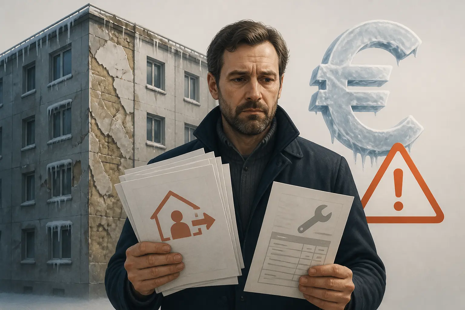 Propriétaire devant un immeuble mal isolé, avec avis d’expulsion et facture, illustrant le dpe g location.