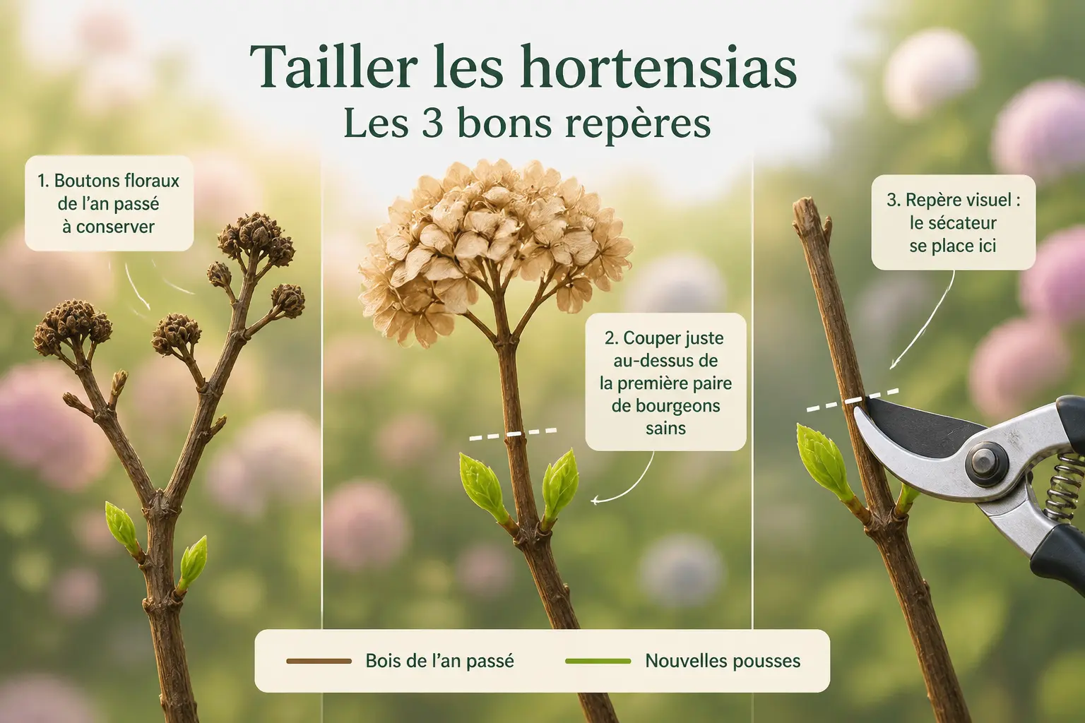 Entretenir les hortensias : guide visuel de taille, bourgeons conservés et coupe au bon endroit.