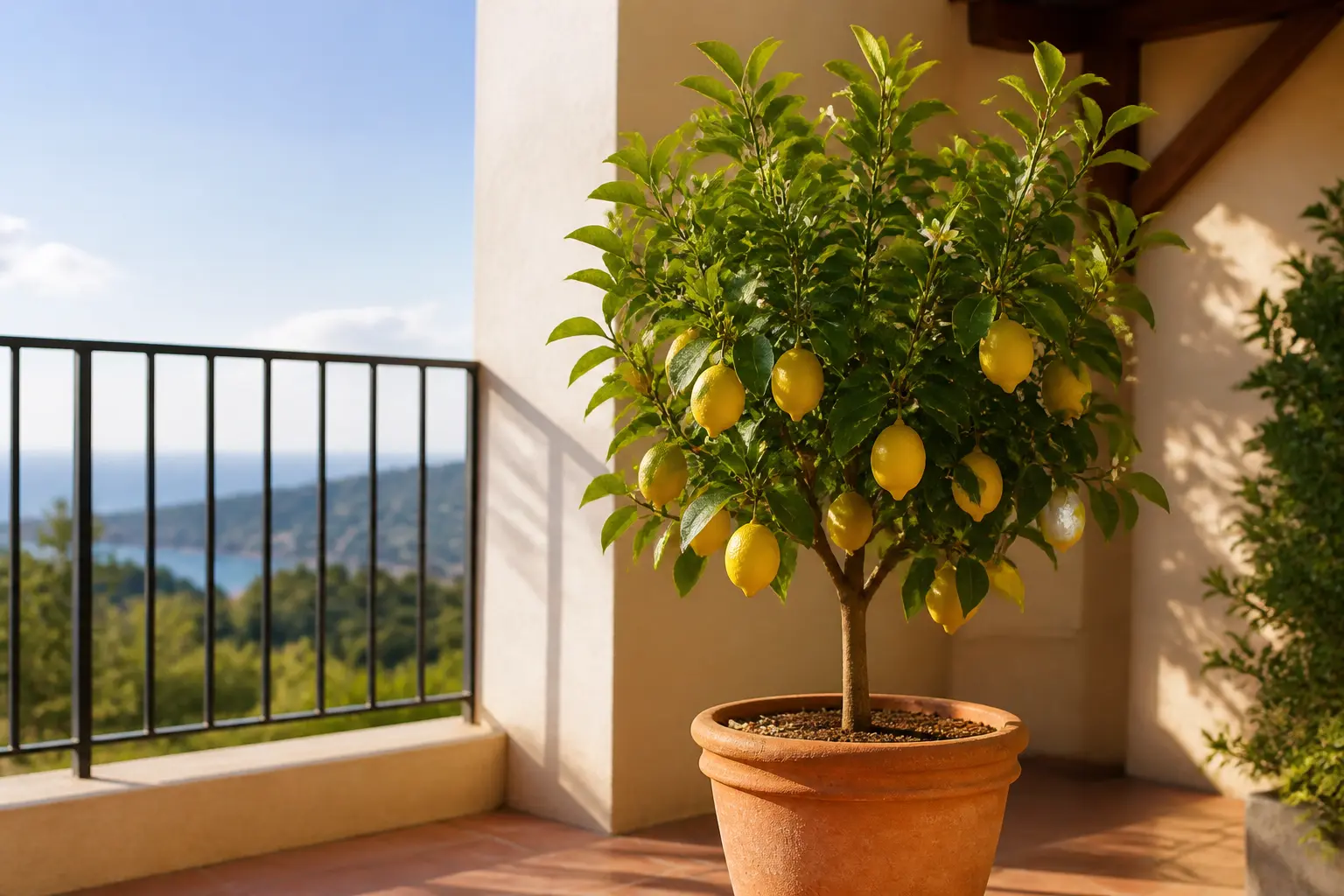Entretenir un citronnier en pot sur une terrasse plein sud, feuillage dense, fleurs blanches et vigueur.