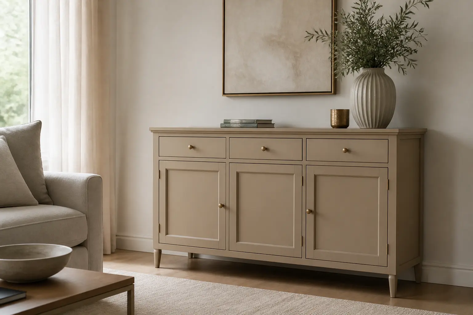 Idée de couleur pour repeindre un meuble en bois : buffet beige dans un salon aux tons coordonnés