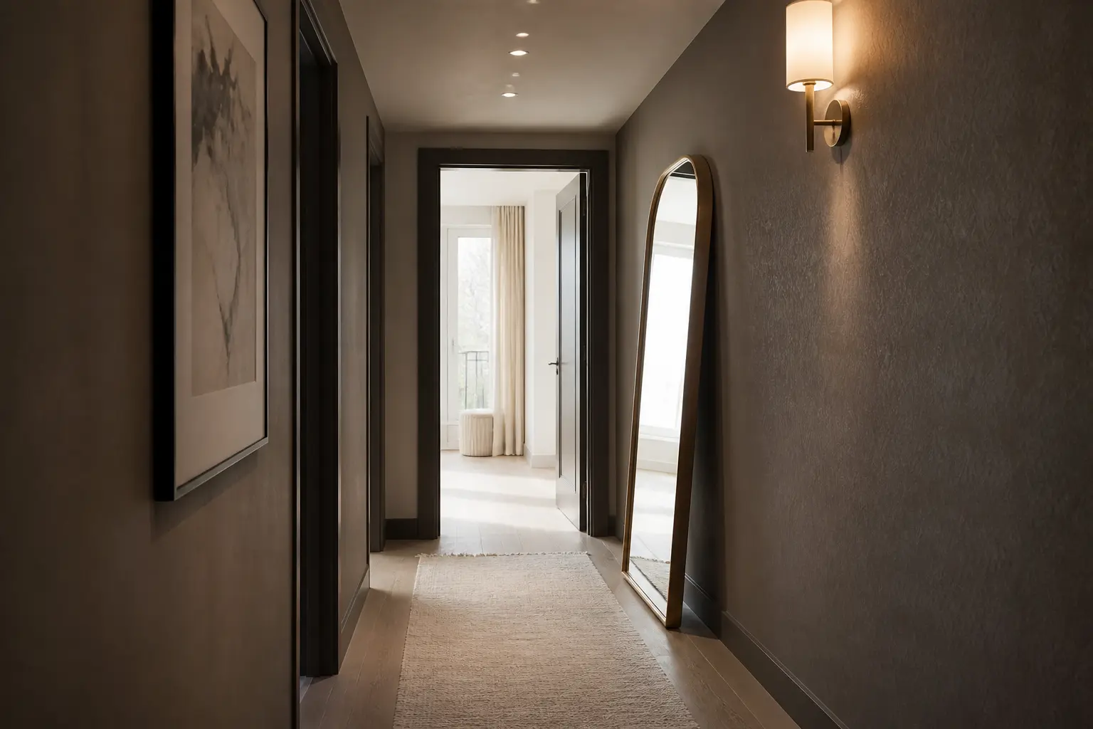 Idees decoration couloir : couloir sombre éclairé par spots, miroir, applique et mur habillé discret