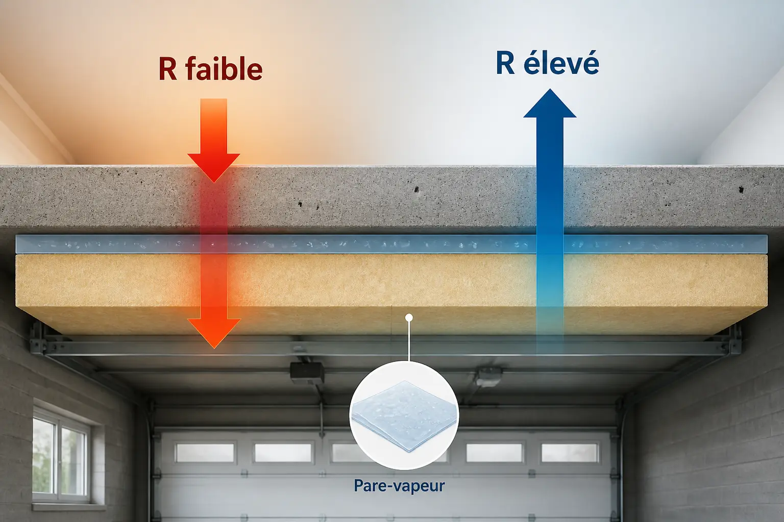 Isolation plafond garage en coupe : dalle béton, panneau isolant, pare-vapeur et repères R faible/R élevé.