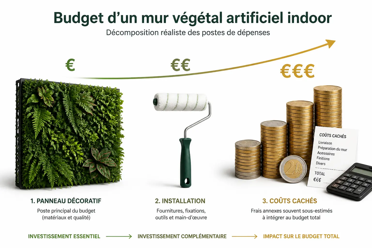 Mur vegetal interieur : infographie budget avec panneau décoratif, outils de pose et pièces en euros