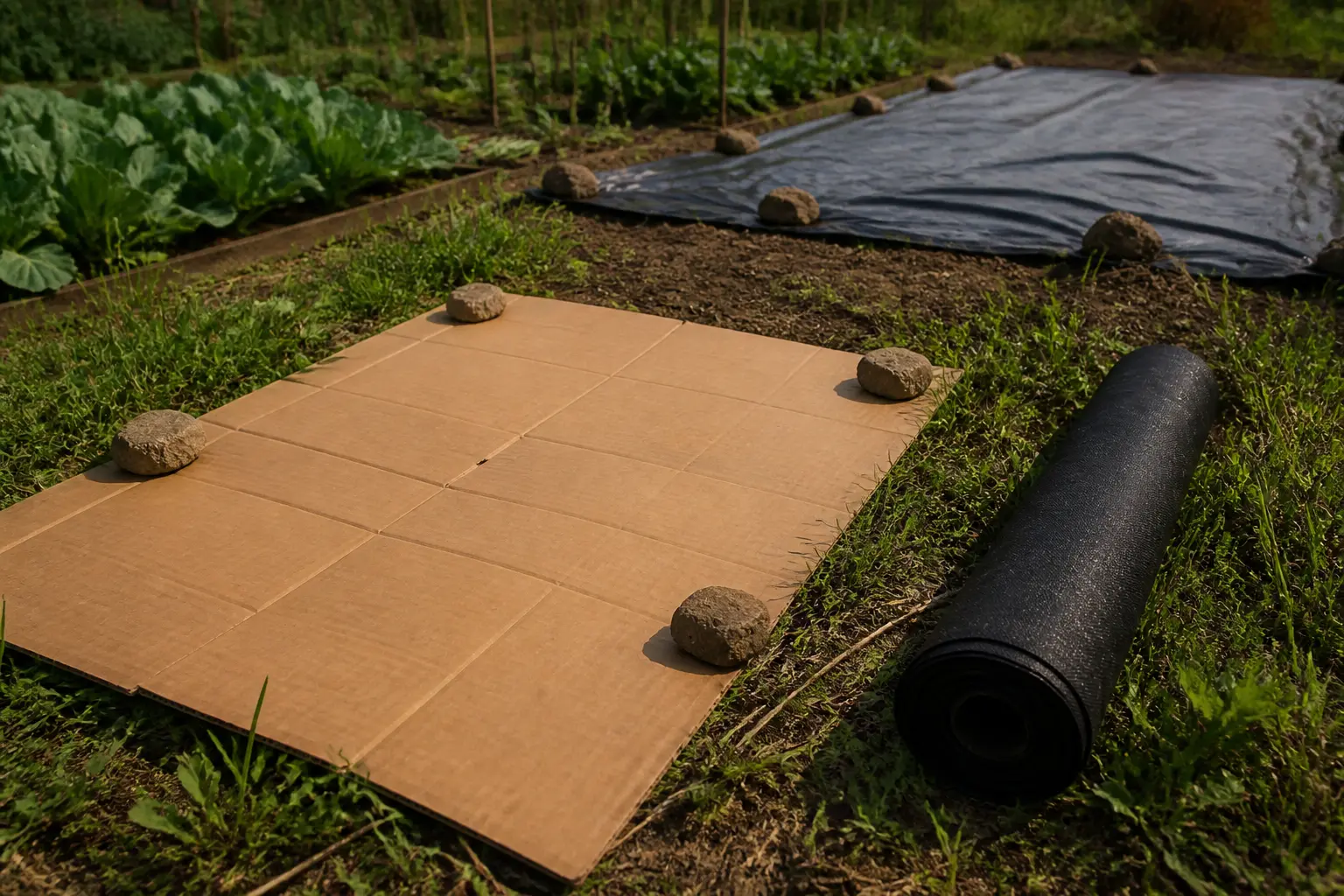 Paillage pour potager : carton, toile et bâche pour couvrir un sol avant plantation et limiter les mauvaises herbes.