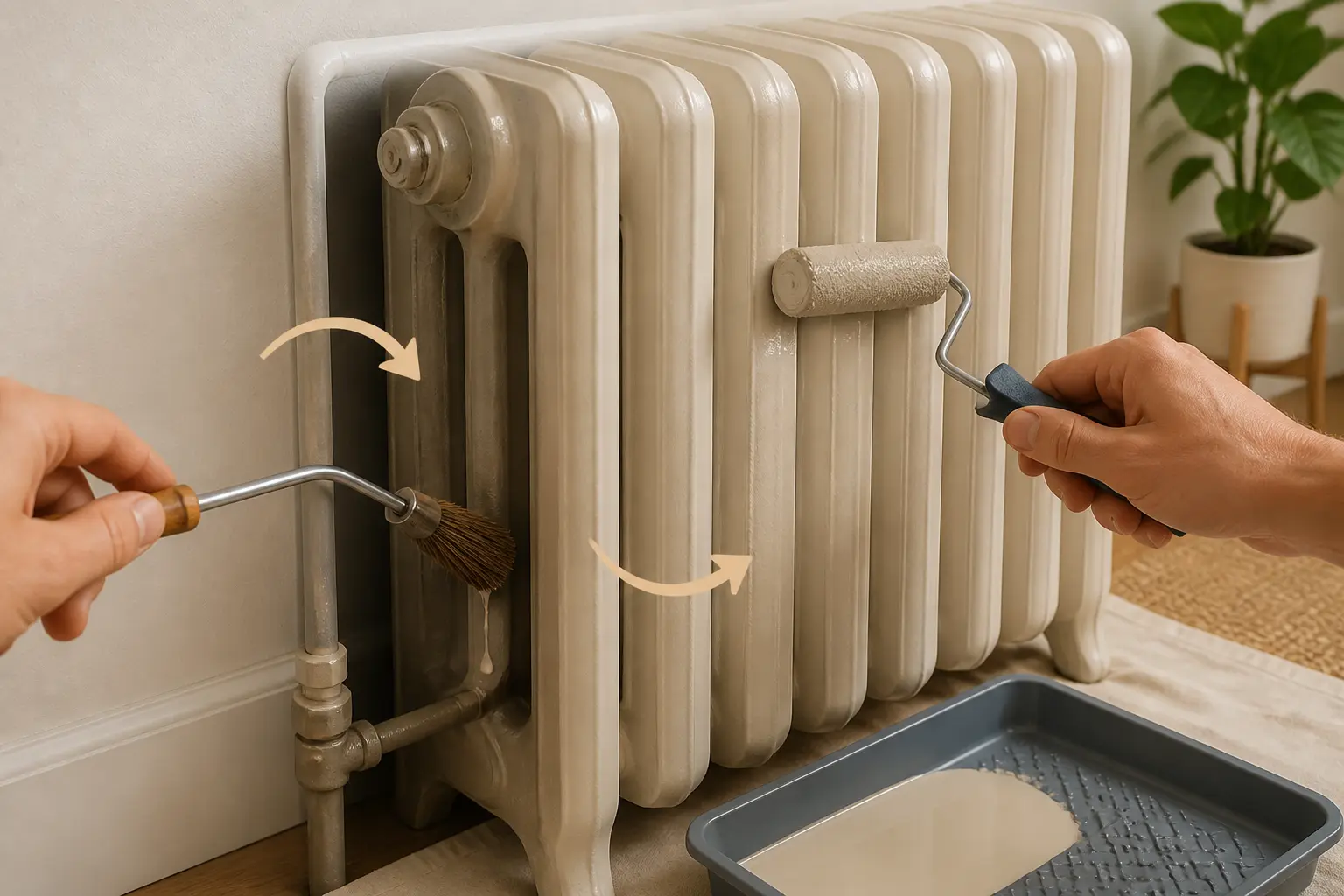 Peindre un radiateur sans le démonter : brosse coudée à l’arrière, mini-rouleau à l’avant