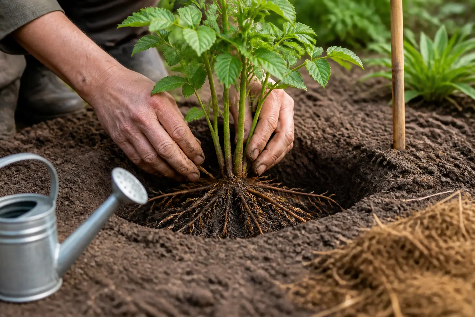 Quand et comment planter un framboisier : racines étalées, collet au niveau du sol, arrosage prêt.