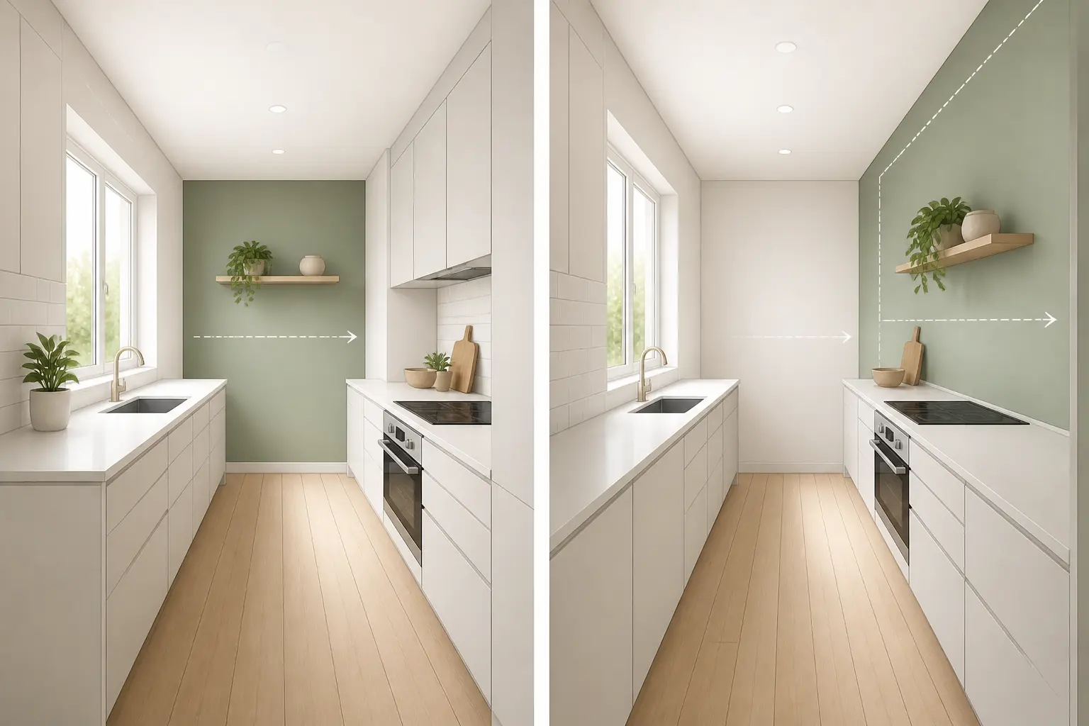Quel mur peindre en couleur dans une cuisine : un mur du fond agrandit visuellement une cuisine étroite.