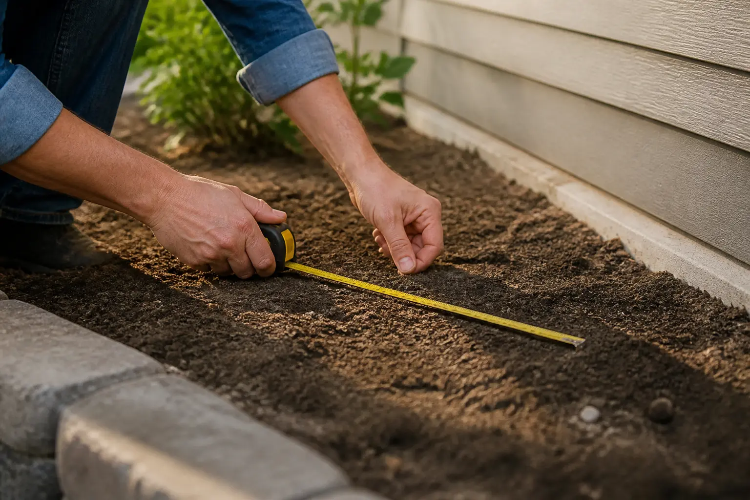 Mains mesurant un massif de jardin près d’un mur pour créer un massif sans entretien au soleil doux du soir